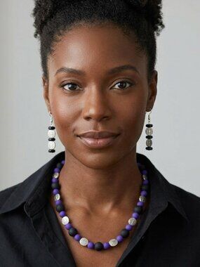 Necklace and Pierced Earring Set Purple Neon Czech Black Beads Aztec Sil…